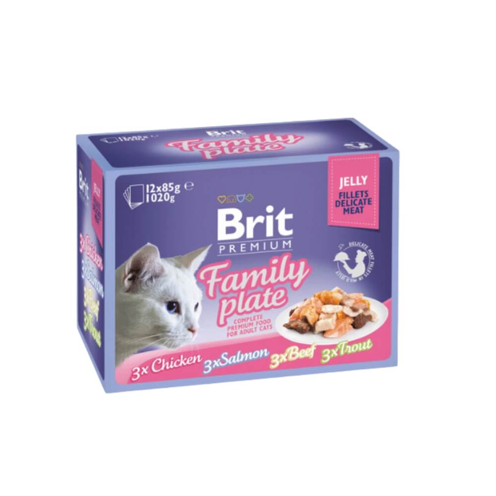 Brit Premium Fillets in Jelly Family Plate konservų drebučiuose katėms rinkinys 12 vnt. 1020g