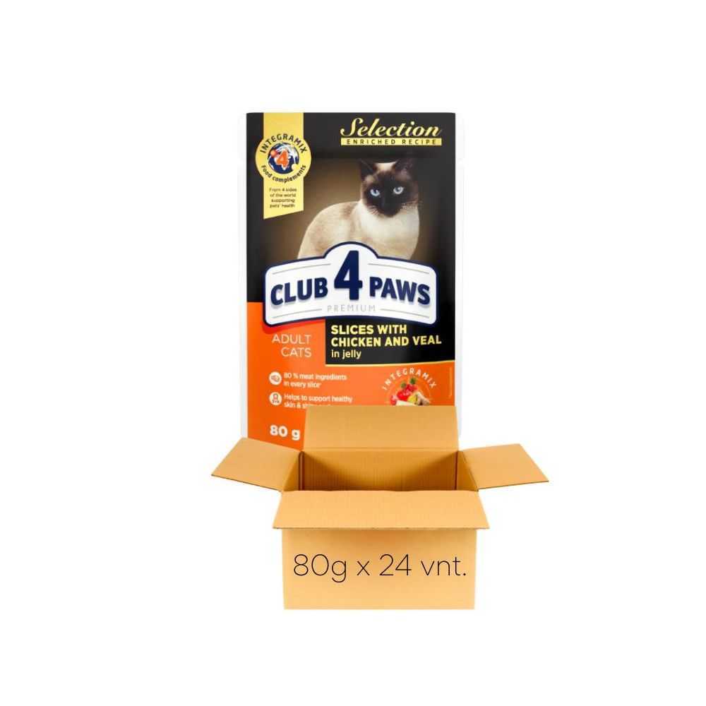 CLUB 4 PAWS Slices Chicken and Veal - konservai katėms su vištiena ir veršiena drebučiuose, 80g x 24vnt.