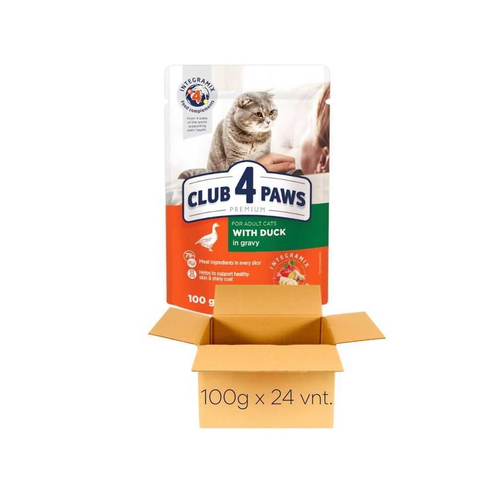 CLUB 4 PAWS Duck - konservai katėms su antiena, padaže 100g x 24vnt.