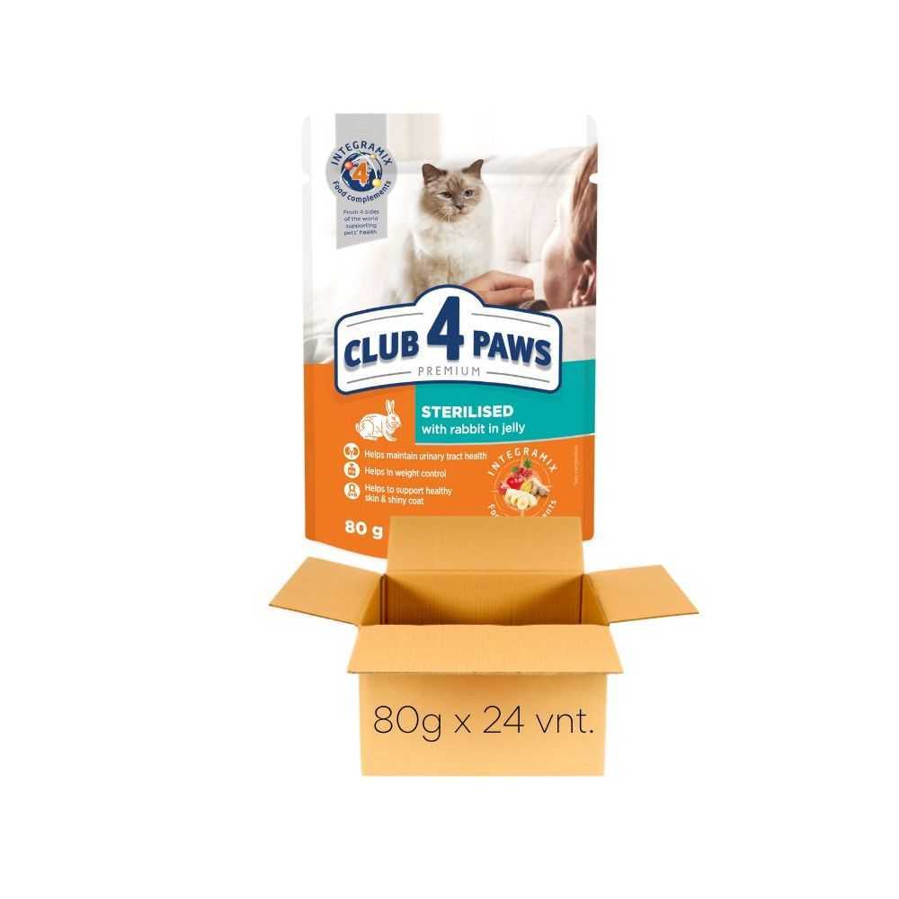 CLUB 4 PAWS Sterilised Rabbit - konservai sterilizuotoms katėms su triušiena, drebučiuose, 80g x 24vnt.