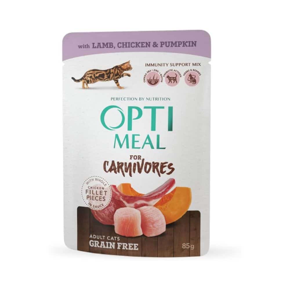 OPTIMEAL lamb and chicken fillet in pumpkin jelly begrūdžiai konservai katėms su ėriena ir vištienos filė moliūgų želė, 80g