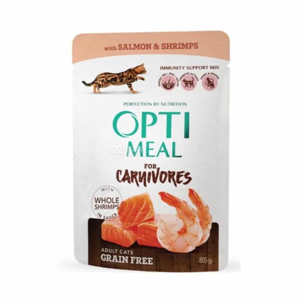 OPTIMEAL salmon and shrimps in sauce begrūdžiai konservai katėms su lašiša ir krevetėmis padaže, 80g