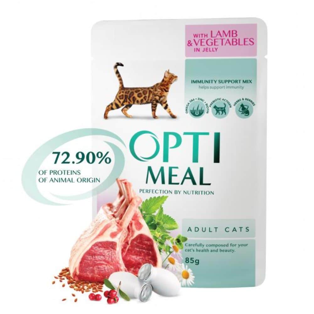 OPTIMEAL LAMB and veggies in jelly Konservai katėms su ėriena ir daržovėmis želė, 85g