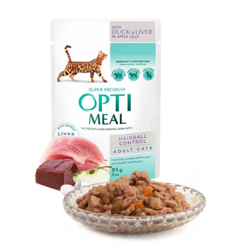 OPTIMEAL hairball control, with duck and slices of liver in apple jelly konservai katėms su antiena ir kepenėlėmis, 85g