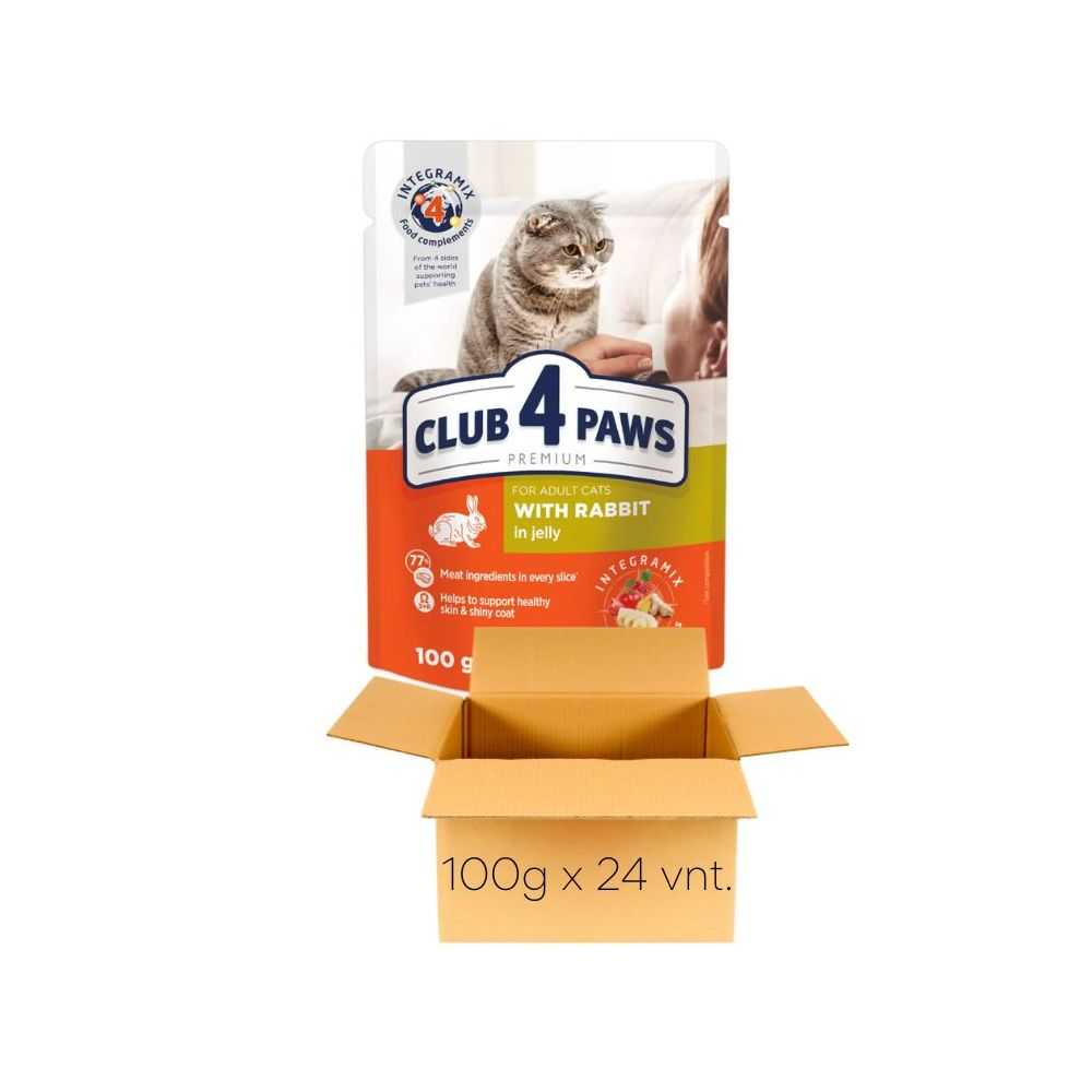 CLUB 4 PAWS Rabbit - konservai katėms su triušiena, drebučiuose 100g x 24vnt.