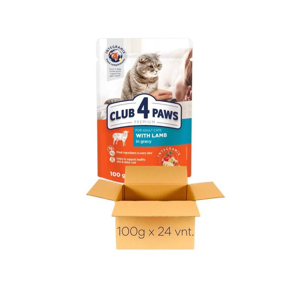 CLUB 4 PAWS Lamb - konservai katėms su ėriena, padaže, 100g x 24vnt.