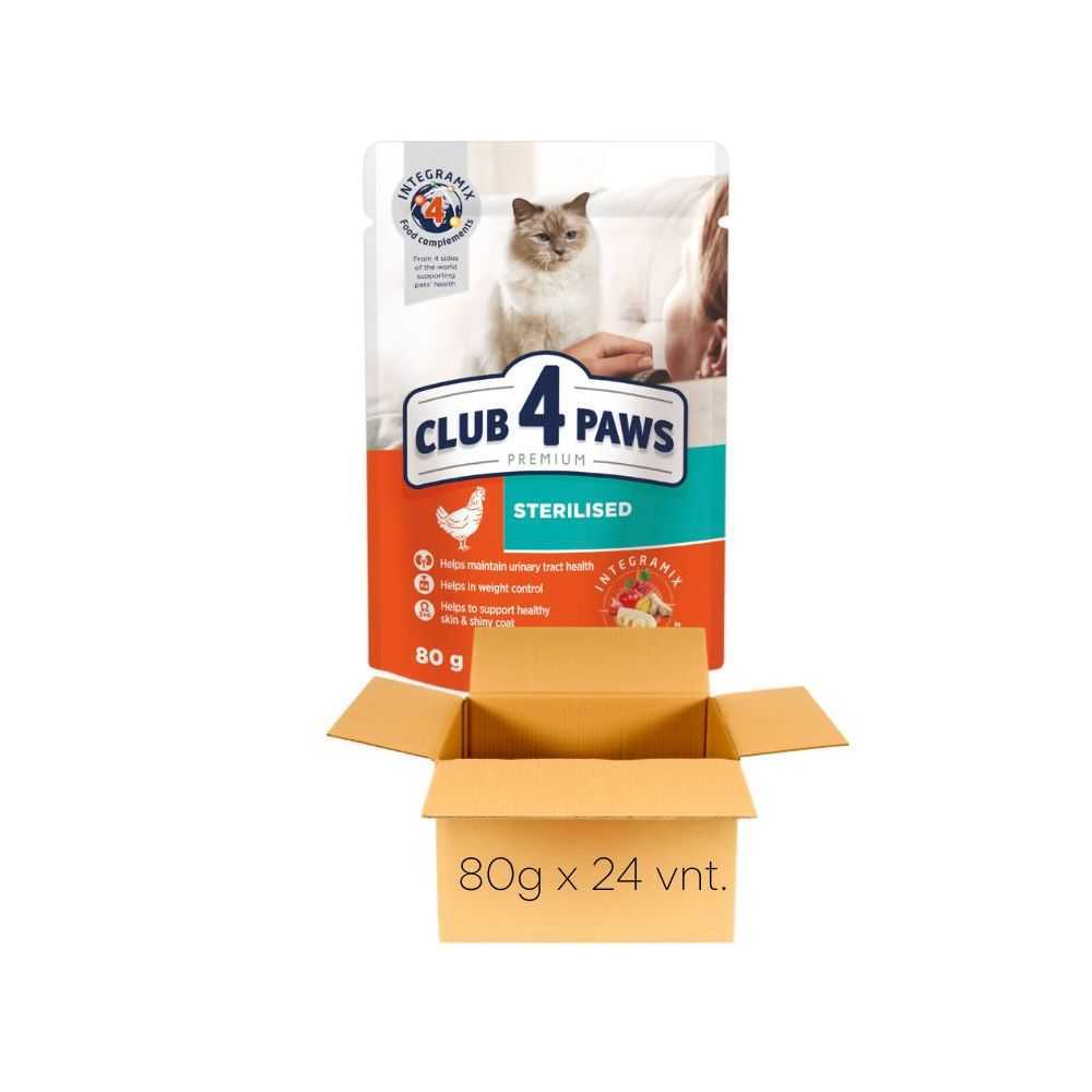 CLUB 4 PAWS Sterilized - konservai sterilizuotoms katėms su vištiena, 80g x 24vnt.