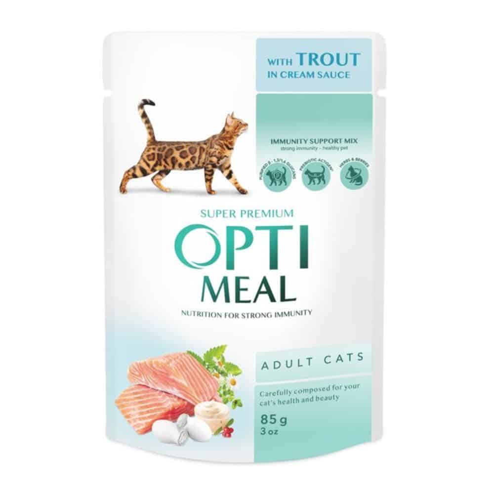 OPTIMEAL Trout with cream souce - konservai katėms be grūdų su upėtakiu padaže, 85g