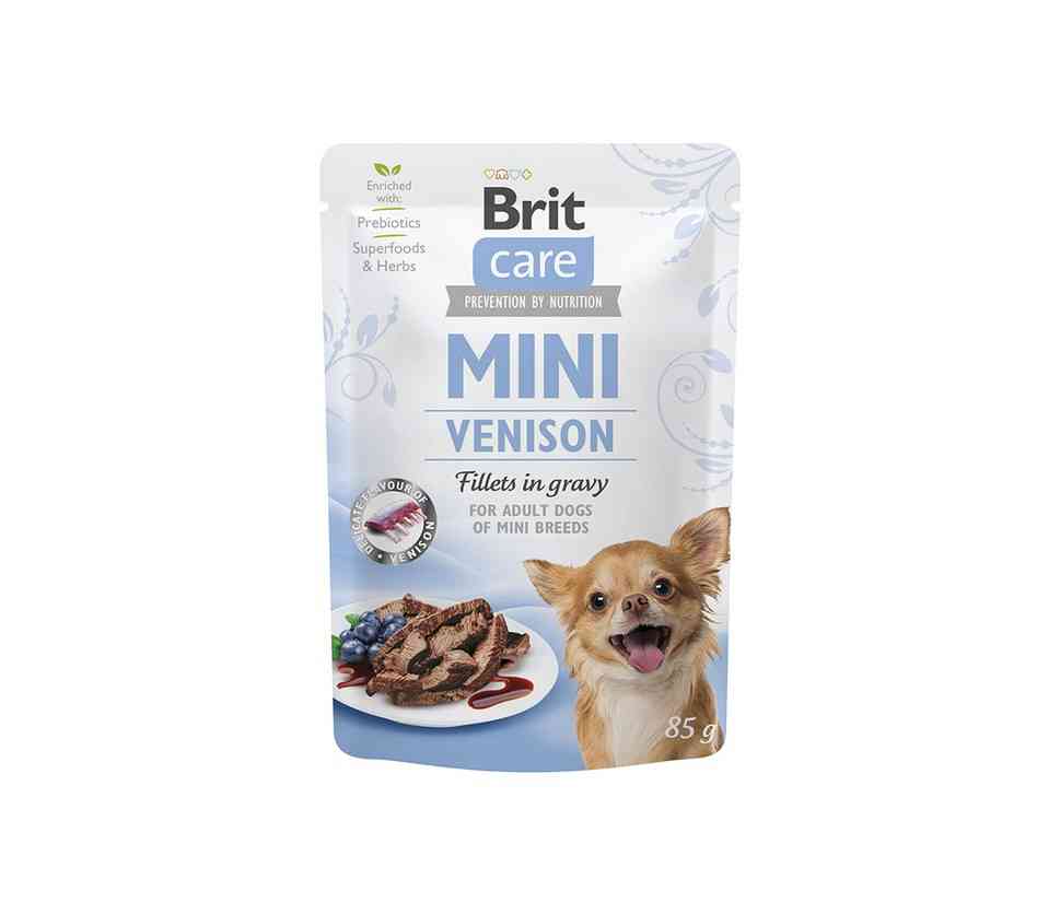 Brit Care Mini Venison fillets in gravy konservai šunims maišeliuose 85g - Produkto Svoris 85g