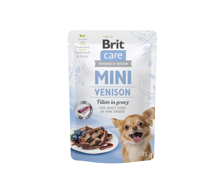 Brit Care Mini konservai šunims maišeliuose Venison fillets in gravy 24x85g