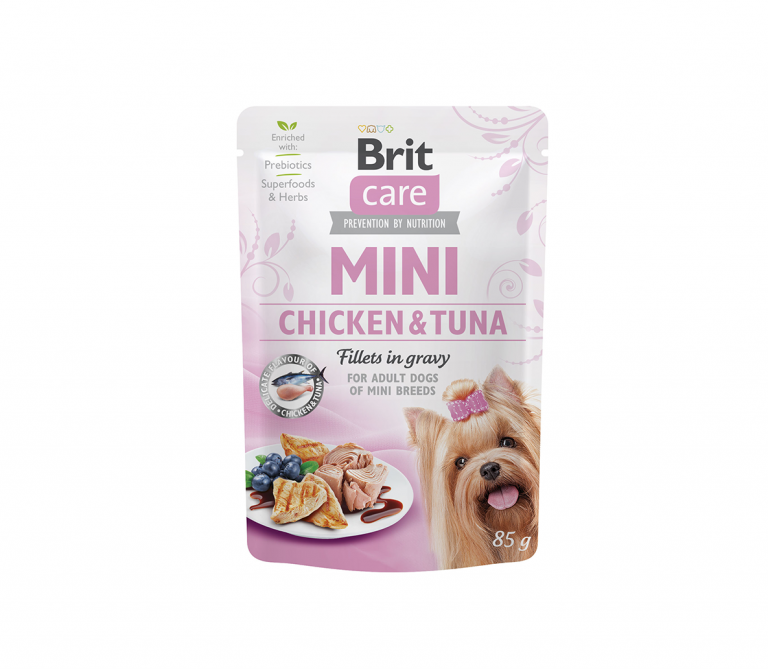 Brit Care Mini konservai šunims maišeliuose Chicken&Tuna fillets in gravy 24x85g