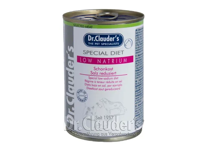 DR. CLAUDER'S Special Diet Low Natrium specializuotas drėgnas maistas širdies ir kepenų problemų turintiems šunims 6x400g