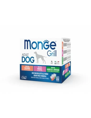 Monge GRILL MIX Dog Adult Lašiša/Kiauliena/Ėriena 12x100g