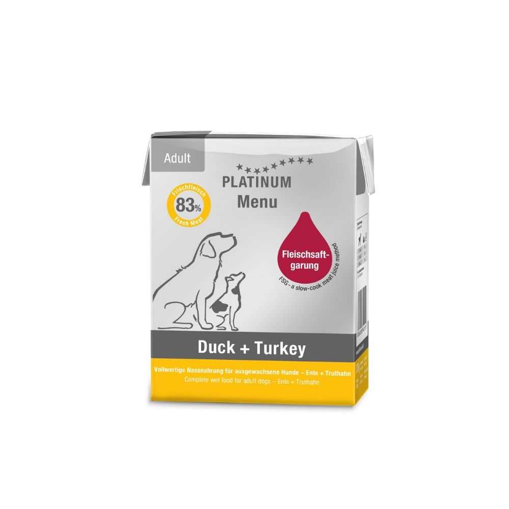 PLATINUM MENU Duck + Turkey paštetas šunims su antiena ir kalakutiena 375g