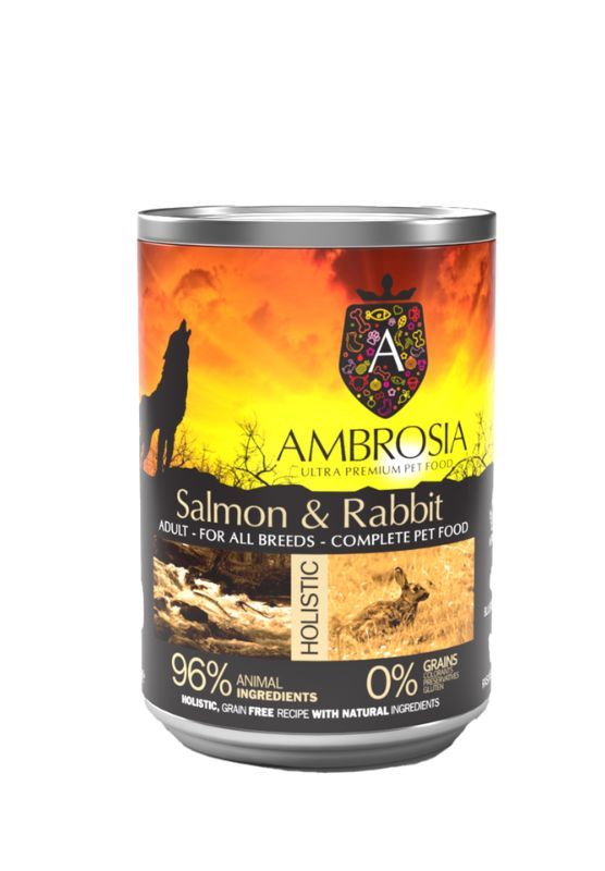 AMBROSIA Salmon & Rabbit - natūralūs konservai šunims su lašiša ir triušiena, 400g