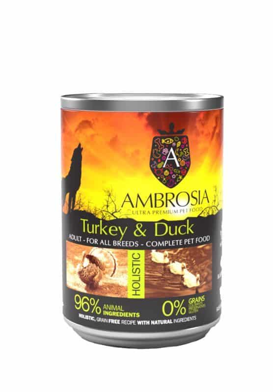 AMBROSIA Turkey & Duck - natūralūs konservai šunims su kalakutiena ir antiena, 400g