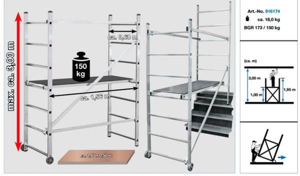 Stelažas statybinis aliuminis Mini 1 - 3 m 0,68 x 1,56 m su aikštele Krause Corda