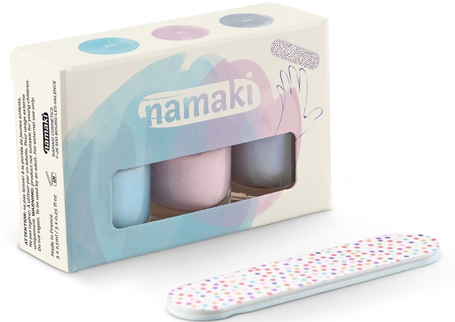 NAMAKI cosmetics - nagų lako komplektas „Frosted sweetness“ - box of 3 nail polishes Frosted blue (28) - Pale pink (35) - Bluish silver (26)