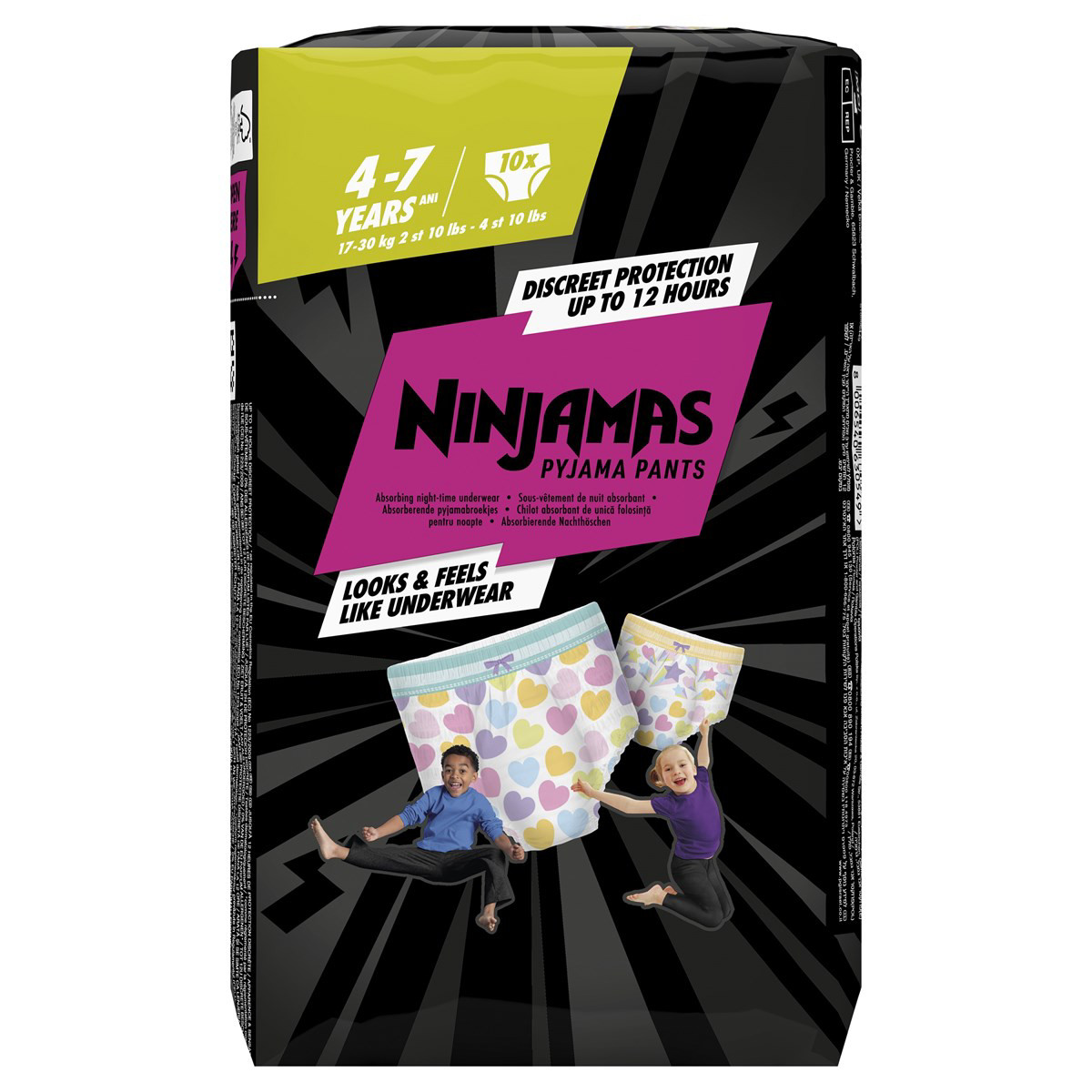 NINJAMAS, naktinės sauskelnės-kelnaitės, rožinės, 4-7 m., 17-30 kg, 10 vienetų