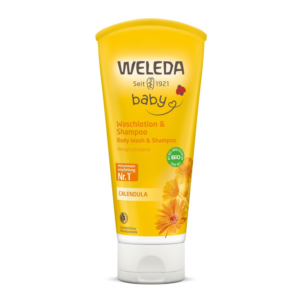 WELEDA CALENDULA BABY, šampūnas ir kūno prausiklis, vaikiškas, su medetkomis, 200 ml