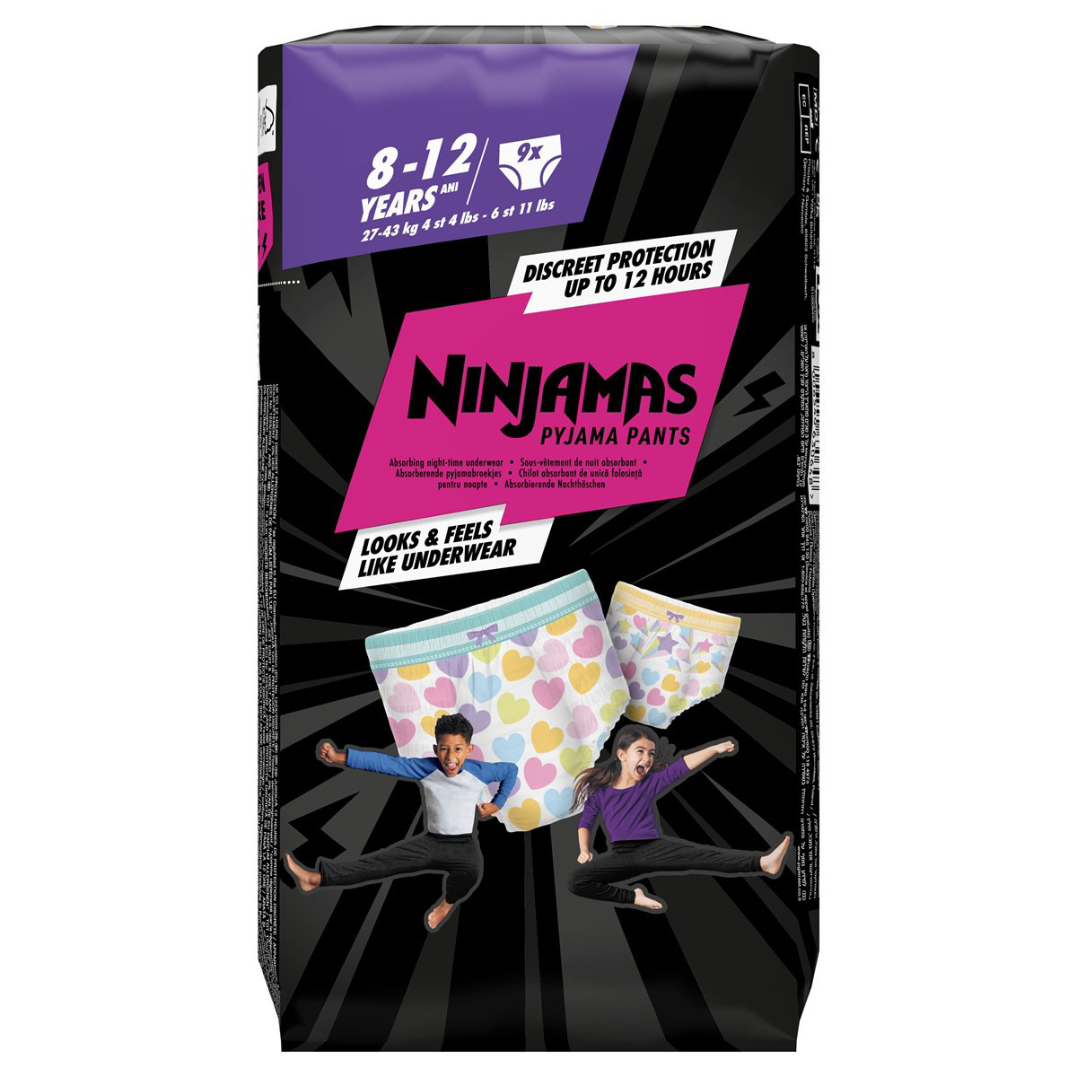 NINJAMAS, naktinės sauskelnės-kelnaitės, rožinės, 8-12 m., 27-43 kg, 9 vienetai