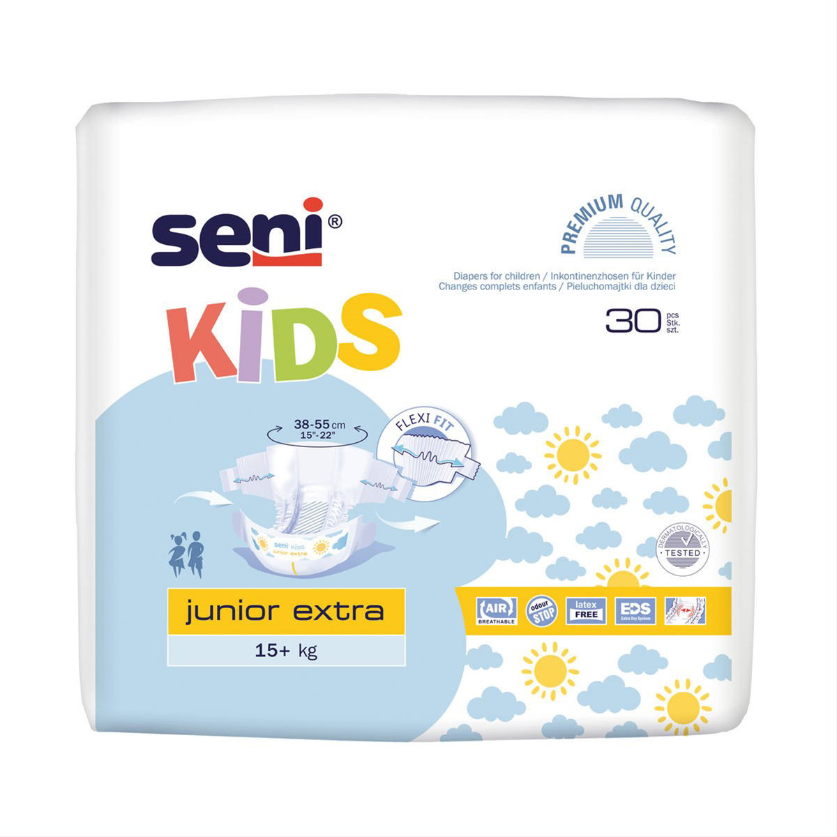 SENI KIDS JUNIOR EXTRA, 15+ kg, anatominės sauskelnės, 30 vnt.
