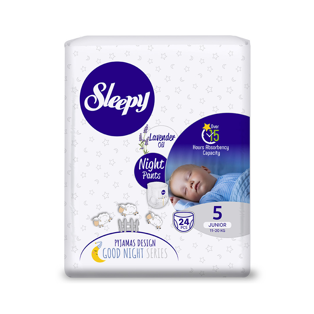 SLEEPY “Night” sauskelnės-kelnaitės, su levandų aliejumi, 5 Junior (11-20 Kg / 24 Vnt.)