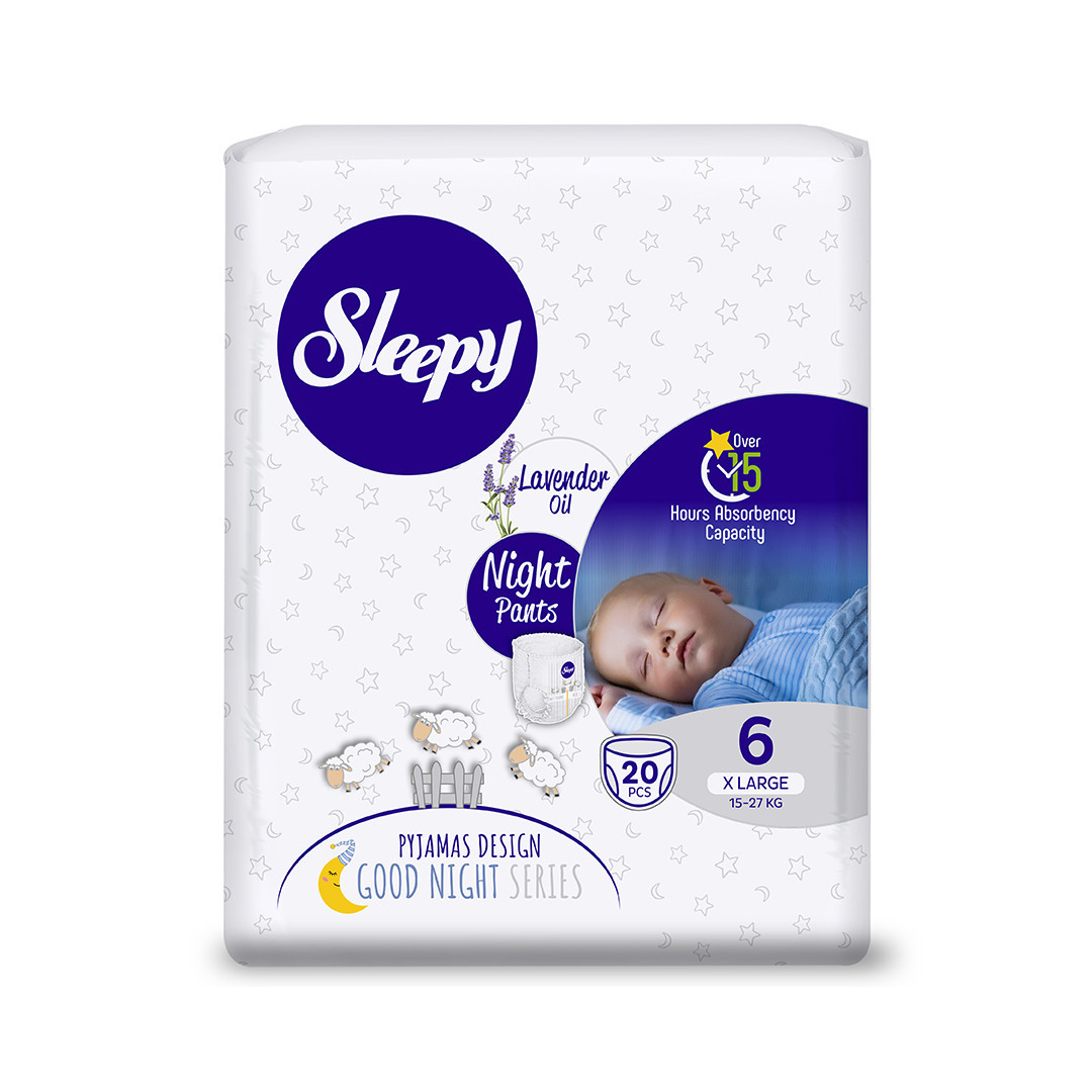 SLEEPY “Night” sauskelnės-kelnaitės, su levandų aliejumi, 6 XLarge (15-27 Kg / 20 Vnt.)
