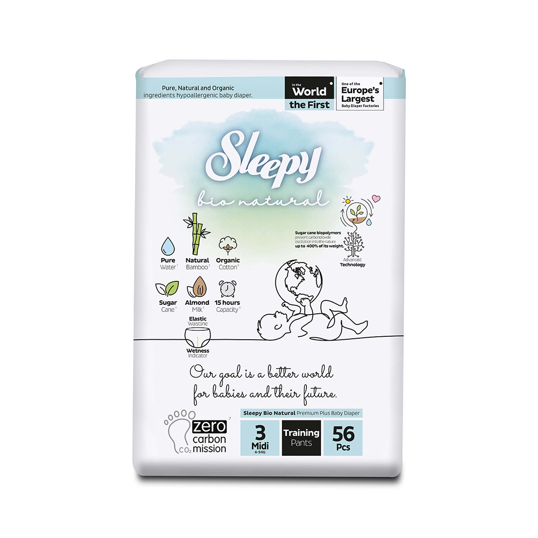 SLEEPY “Bio Natural” sauskelnės-kelnaitės, 3 Midi (4-9 Kg / 56 Vnt.)