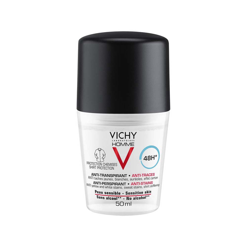 VICHY Homme Roll-on dezodorantas - antiperspirantas reguliuoti pernelyg didelį prakaitavimą 48h jautri oda, apsauga nuo dėmių 50 ml