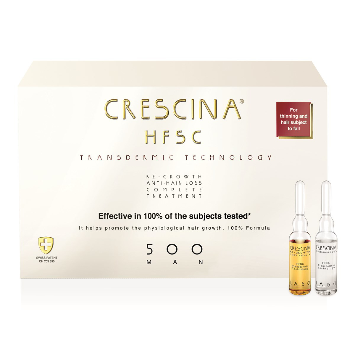 CRESCINA TRANSDERMIC HFSC 500, kompleksas vyrams plaukų ataugimui ir slinkimą stabdantis, 3,5 ml, 20 ampulių