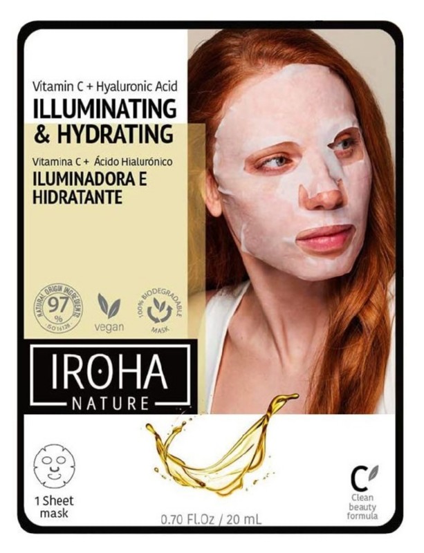 Veido kaukė Iroha Vitamin C + Hyaluronic Acid Illuminating & Hydrating Mask MTIN08/MTIN19,  su vitaminu C ir hialurono rūgštimi, 20 ml