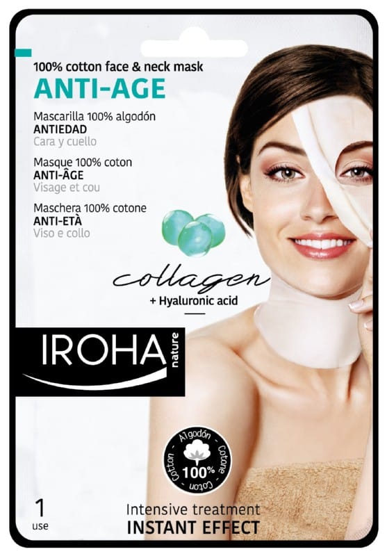 Odos senėjimą stabdanti veido ir kaklo kaukė Iroha Face and Neck Mask Collagen MTIN12/MTIN20, su kolagenu ir hialuronu, 30 ml