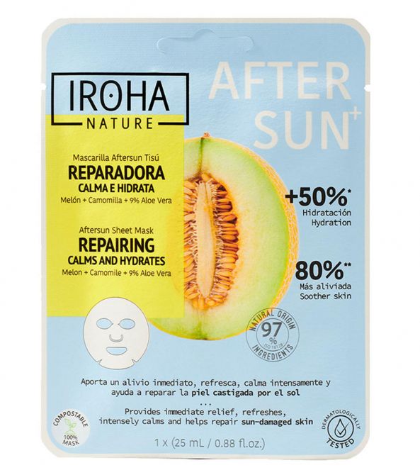 Atkuriamoji veido kaukė Iroha Nature Aftersun Sheet Mask Repairing Melon Calms & Hydrates, MTIN31