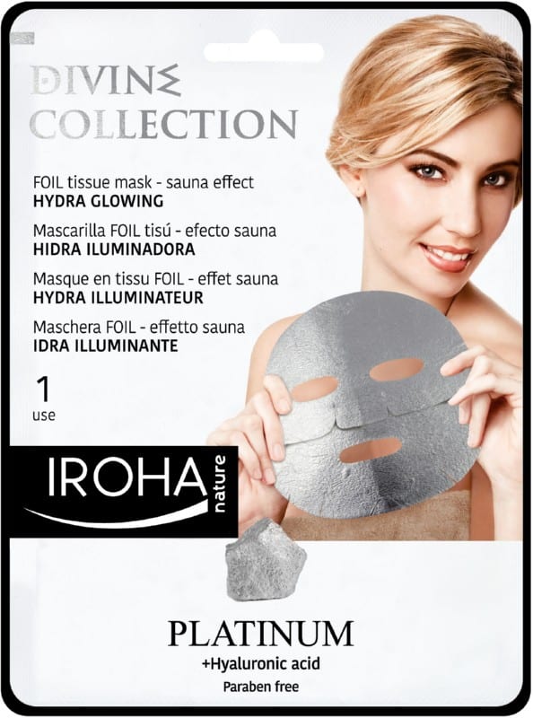 Skaistinanti odą veido kaukė Iroha Divine Collection FOIL Tissue Mask Hydra Glowing MTIN15, su platina ir hialiurono rūgštimi, 25 ml