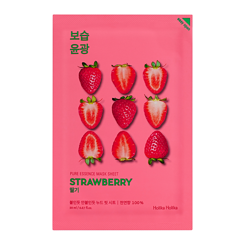Lakštinė veido kaukė su braškių ekstraktu Holika Holika Pure Essence Mask Sheet - Strawberry HH20010108, šviesina veido odą, 20 ml