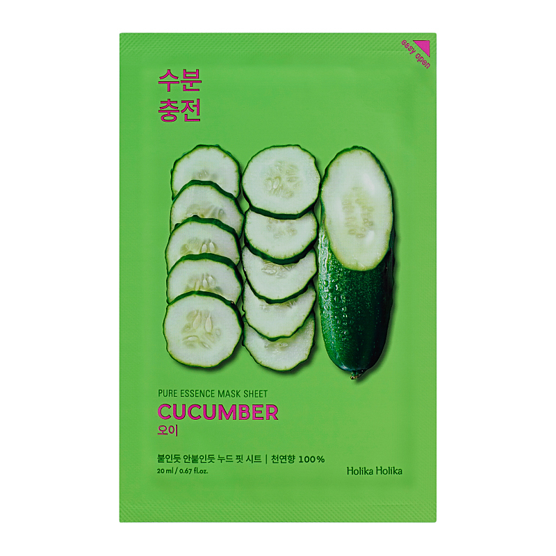 Lakštinė veido kaukė su agurkų ekstraktu Holika Holika Pure Essence Mask Sheet - Cucumber HH20010102, maloniai vėsina veido odą, 20 ml