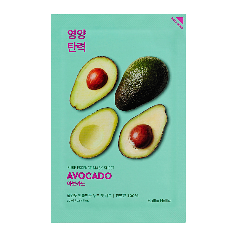 Lakštinė veido kaukė su avokadų ekstraktu Holika Holika Pure Essence Mask Sheet - Avocado HH20010104, minkština ir drėkina veido odą, 20 ml