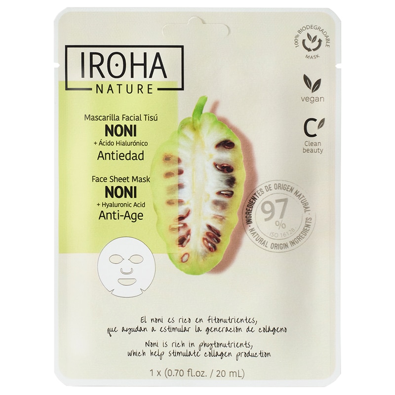 Stangrinamoji veido kaukė Iroha Anti-Age Face Sheet Mask With Noni & Hyaluronic Acid MTIN28, su morinda ir hialurono rūgštimi