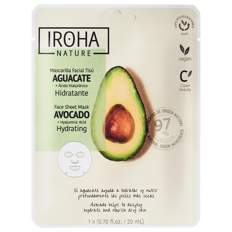 Drėkinamoji veido kaukė Iroha Hydrating Face Sheet Mask Avocado & Hyaluronic Acid MTIN25, su avokadu ir hialurono rūgštimi