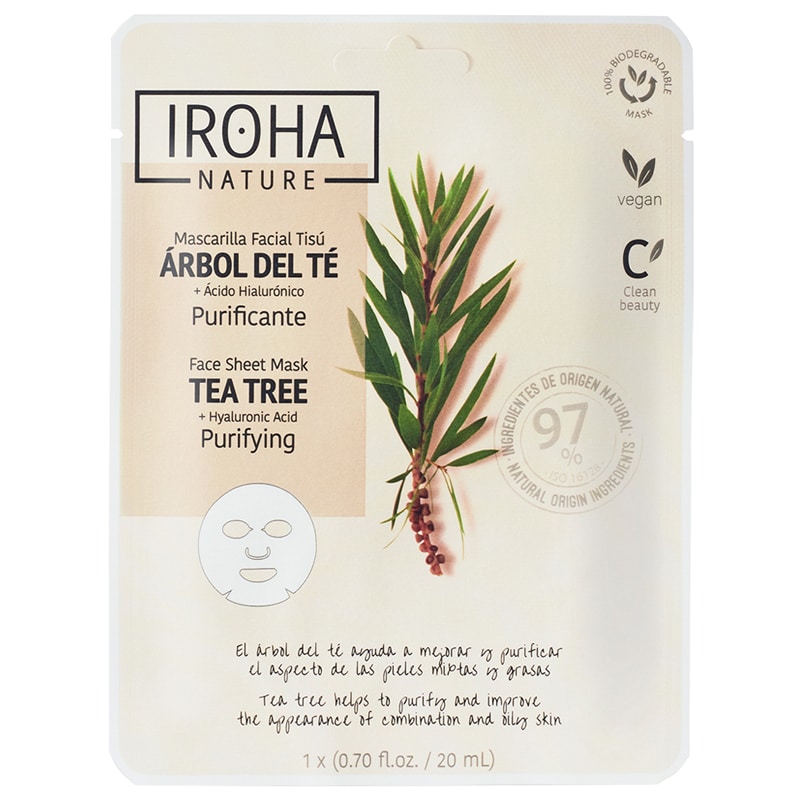 Valomoji veido kaukė Iroha Purifying Face Sheet Mask Tea Tree & Hyaluronic Acid MTIN26, su arbatmedžiu ir hialurono rūgštimi