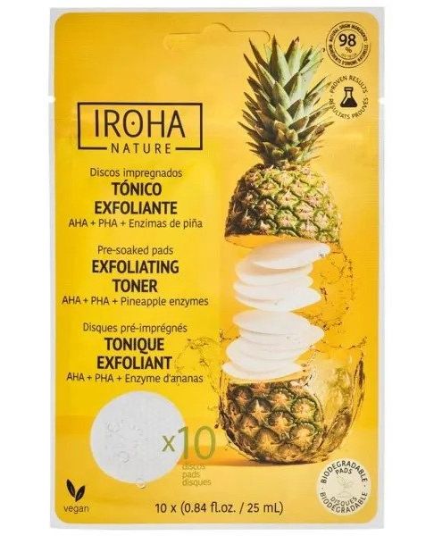 Veidą skaistinantys padeliai Iroha Nature Exfoliating & Brightening Toner Pad Pineapple PIN12, giliai valantys ir skaistinantys veido odą, 10 vnt.