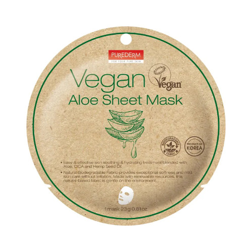 Purederm Vegan Aloe Sheet Mask Veganiška lakštinė kaukė su alaviju, 23g