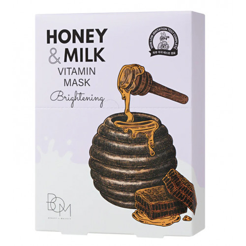 BOM Honey & Milk Vitamin Mask Skaistinančios odą lakštinės veido kaukės, 10 vnt.