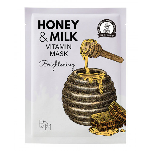 BOM Honey & Milk Vitamin Mask Skaistinančios odą lakštinės veido kaukės, 1 vnt.