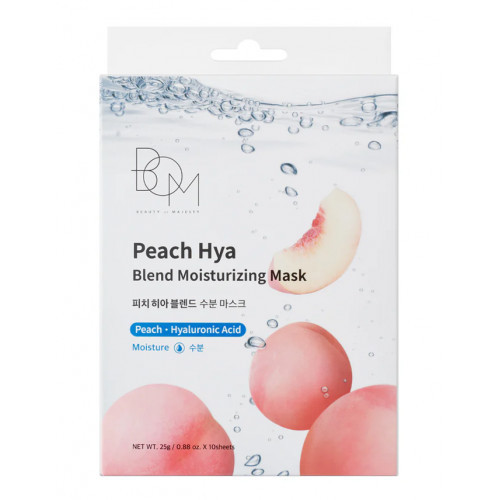 BOM Peach Hya Blend Moisturizing Mask Drėkinančios odą lakštinės veido kaukės, 10 vnt.