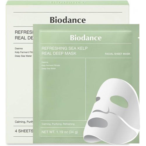 Biodance Refreshing Sea Kelp Real Deep Mask Riebalų išsiskyrimą balansuojanti naktinė lakštinė veido kaukė, 4x34 g.