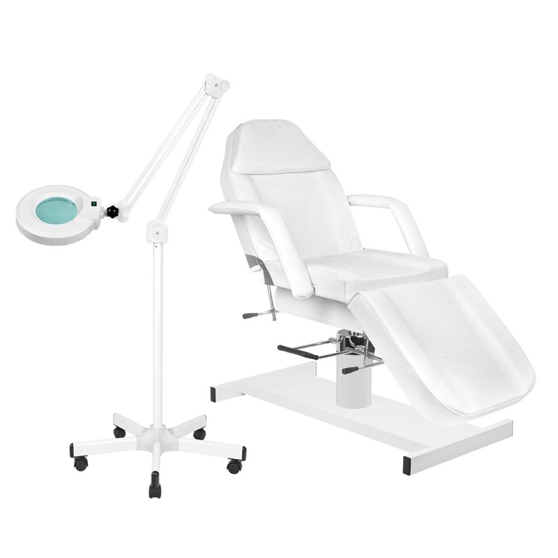 Kosmetologinis krėslas HYDRAULIC WHITE + Kosmetologinė lempa su lupa ir stovu S5 5D 12W WHITE