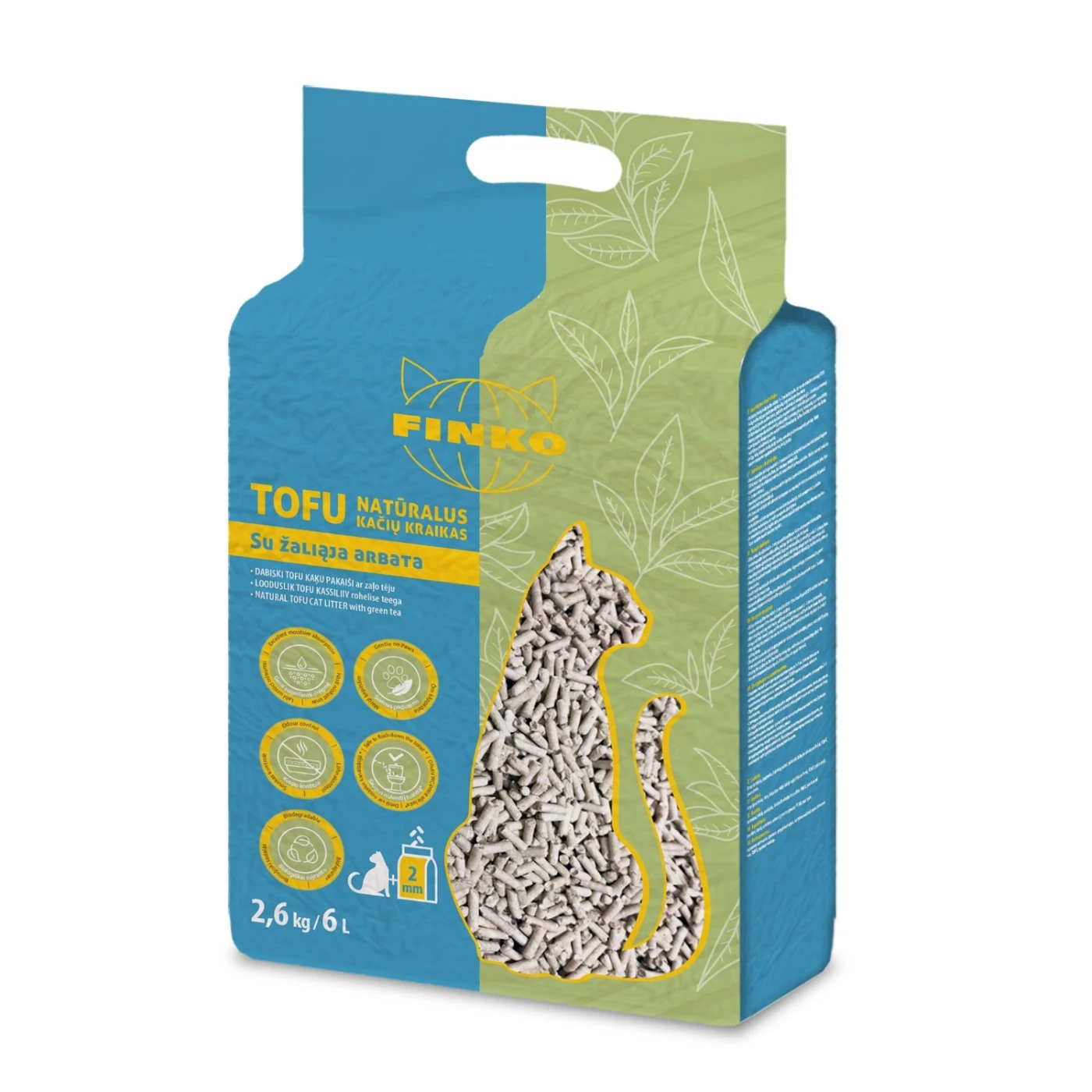 FINKO TOFU kačių kraikas, su žaliosios arbatos ekstraktu 2,6 kg/6 l x 6vnt.