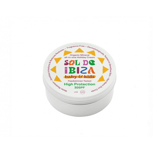 Sol de Ibiza Baby & Kids Organic Mineral all-in-one Holiday Cream SPF30 Apsauginis kremas veidui ir kūnui nuo saulės kūdikiams ir vaikams, 100g